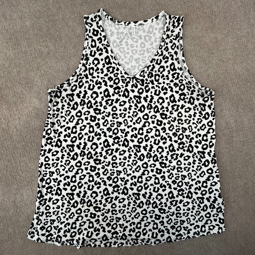 Tank Top Womens XL White Black Leopard Rayon Cotton V Neck Side Slits